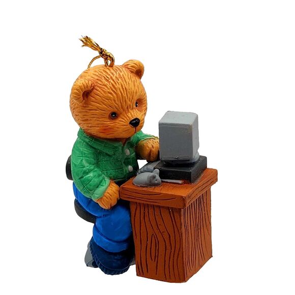 Vintage Teddy Bear w/ Computer at Desk Christmas Ornament Tech Guy Gift 1990s - Picture 1 of 7